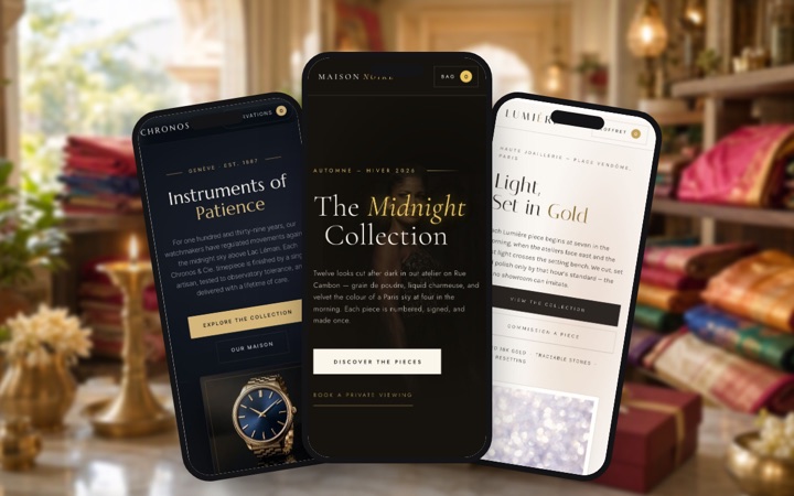 Three e-commerce store designs shown as phone apps
