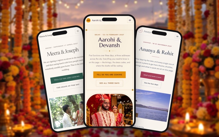 Three event & wedding designs shown as phone apps