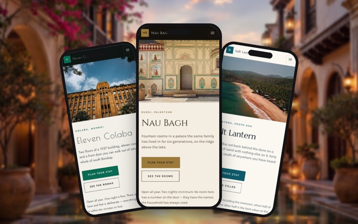 Three hotels & stays designs shown as phone apps