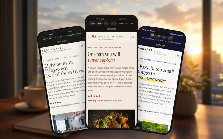 Three landing page designs shown as phone apps