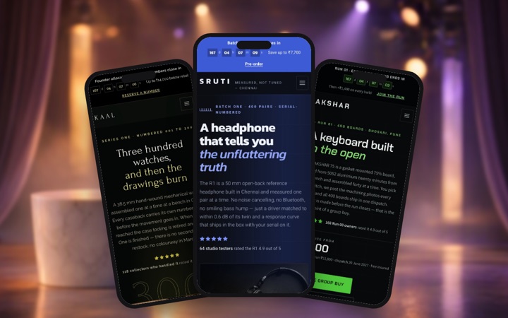 Three product launch designs shown as phone apps