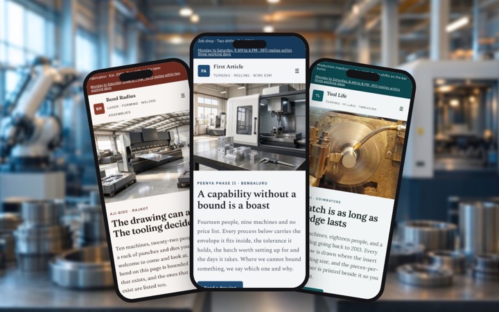 Three manufacturing & industrial designs shown as phone apps