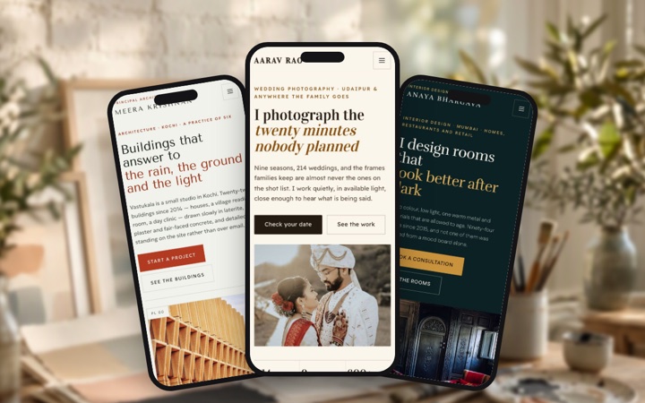 Three portfolio & creative designs shown as phone apps