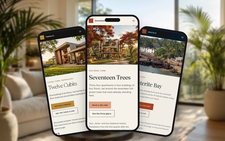 Three real estate & property designs shown as phone apps