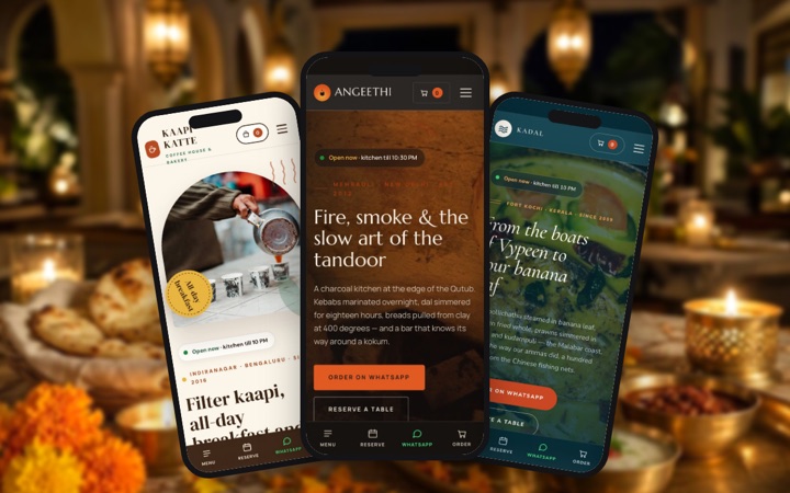 Three restaurant & café designs shown as phone apps