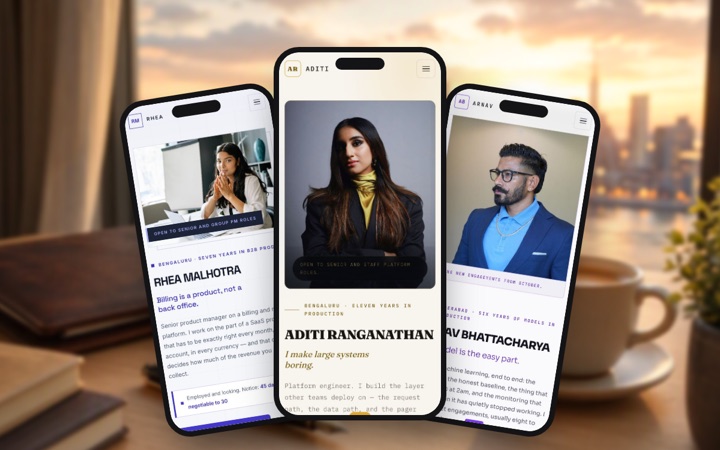 Three personal resume designs shown as phone apps