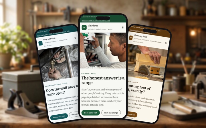 Three trades & home services designs shown as phone apps