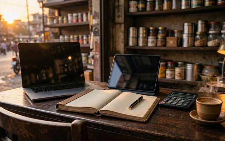 A shop owner's counter with a laptop, a tablet, a ledger and a calculator in warm evening light