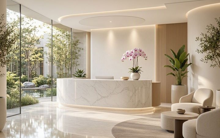 An empty clinic reception with a marble counter, lounge chairs and a garden beyond the glass