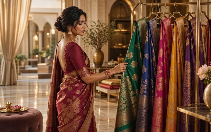 A woman in a silk saree choosing from a rack of Banarasi silks in a marble-floored boutique