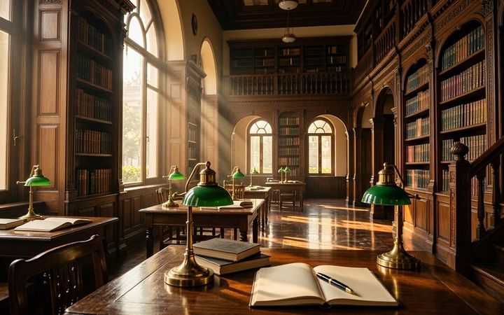 An empty panelled library with brass reading lamps and an open notebook in morning light