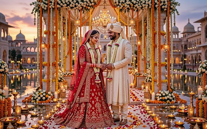 A bride and groom beneath a marigold mandap in a candlelit palace courtyard