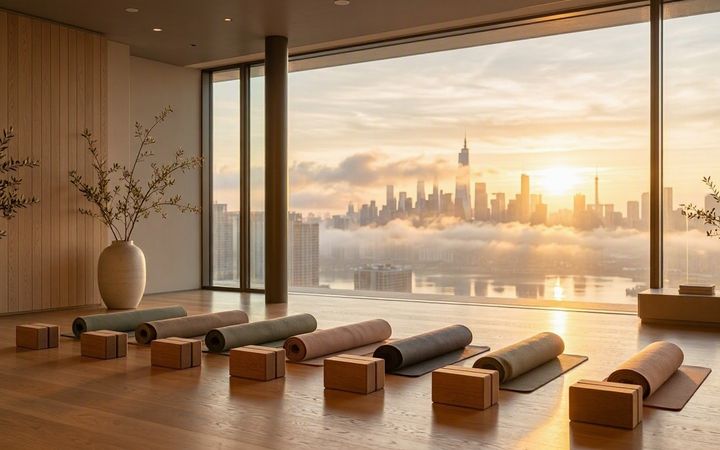 An empty yoga studio at sunrise, mats and blocks in a row before a misty skyline