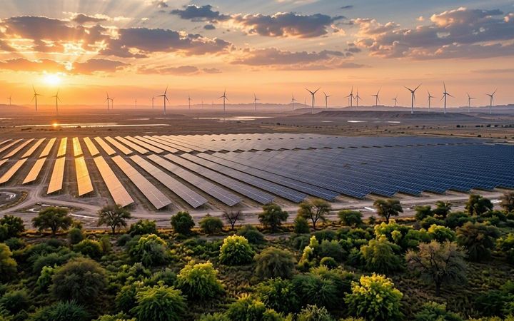 A solar farm running to wind turbines on the horizon at golden hour