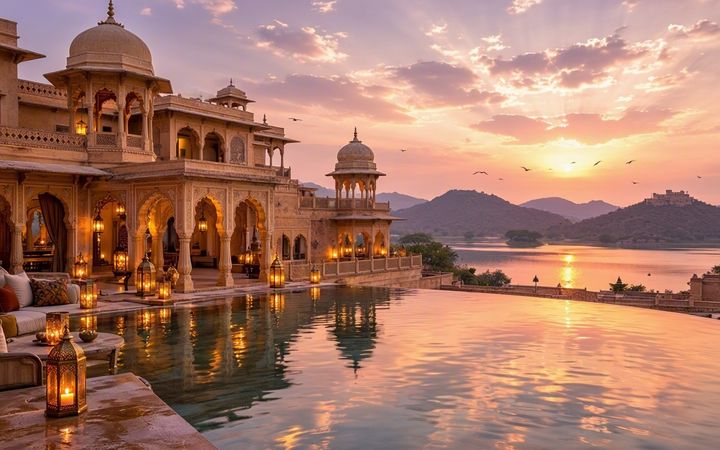 A heritage palace hotel's infinity pool at sunset, lake and hills beyond