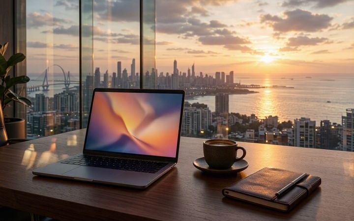 A laptop and coffee on a walnut desk above the Mumbai skyline at sunset