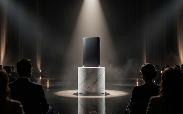 A single device on a marble pedestal under a stage spotlight, the audience in silhouette