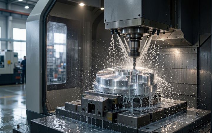 A CNC machine milling a polished aluminium part under coolant spray