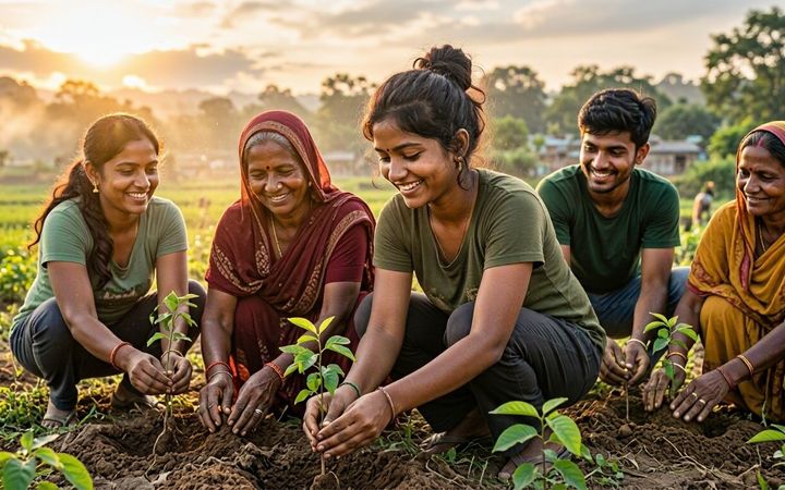 Village women and volunteers planting saplings together at golden hour