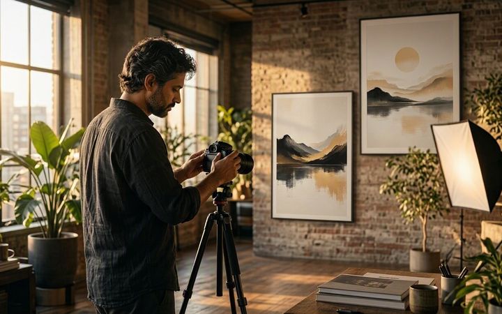 A photographer at a tripod in a sunlit loft studio hung with landscape prints