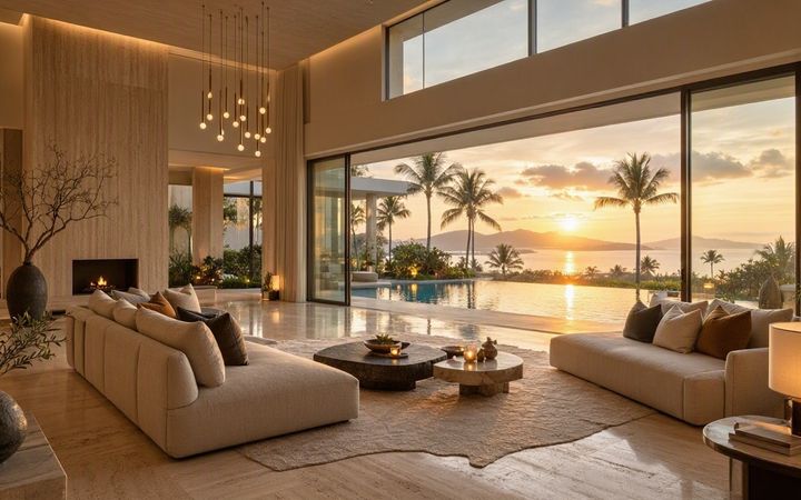 A double-height villa living room opening onto an infinity pool and palms