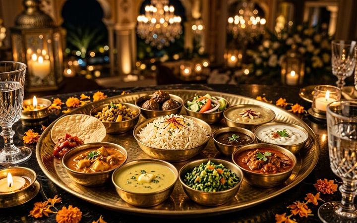 A royal thali on a brass platter at a candlelit table under chandeliers