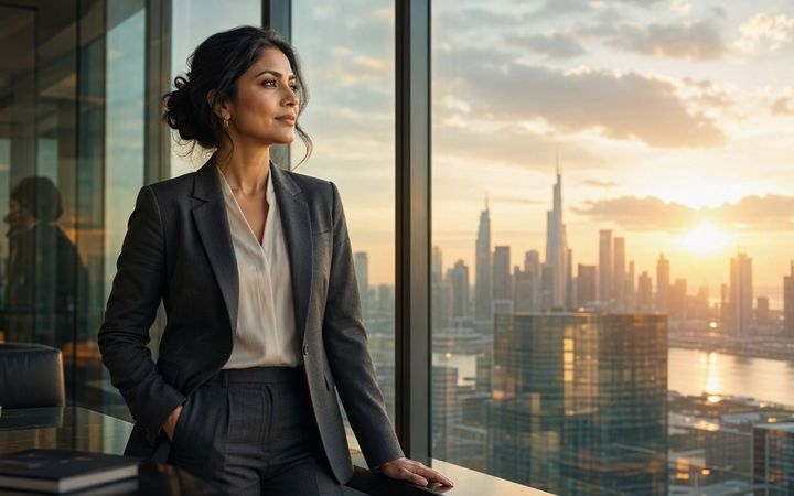 A woman in a tailored suit by an office window above the city at golden hour