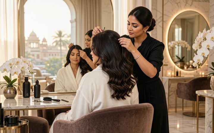 A stylist finishing a client's hair in a marble-and-brass salon