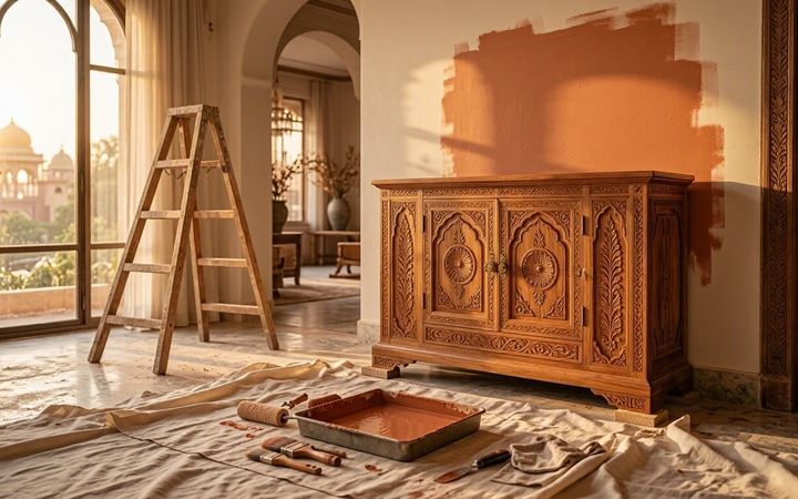 A carved teak cabinet, stepladder and dust sheets in a room mid-renovation